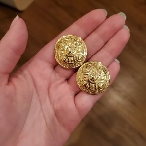 Vintage Signed Givenchy Gold Tone Medallion Statement Clip On Earrings